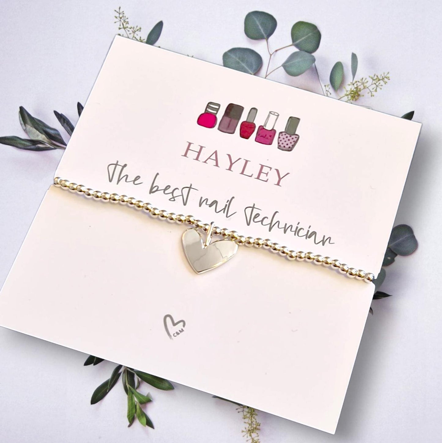 Nail Technician Gift: Silver Plated Bracelet with Silver Heart Charm - Christmas - Birthday personalised