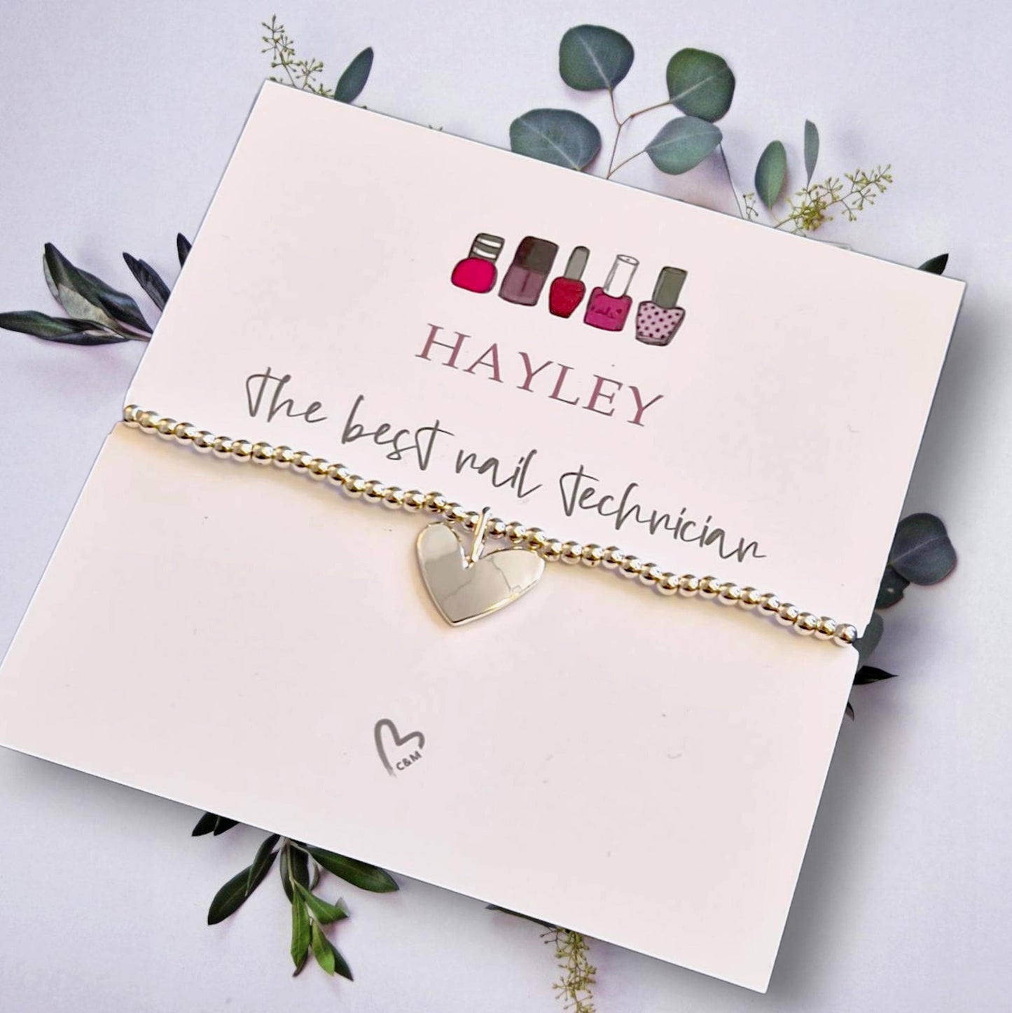 Nail Technician Gift: Silver Plated Bracelet with Silver Heart Charm - Christmas - Birthday personalised
