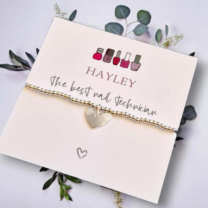Nail Technician Gift: Silver Plated Bracelet with Silver Heart Charm - Christmas - Birthday personalised