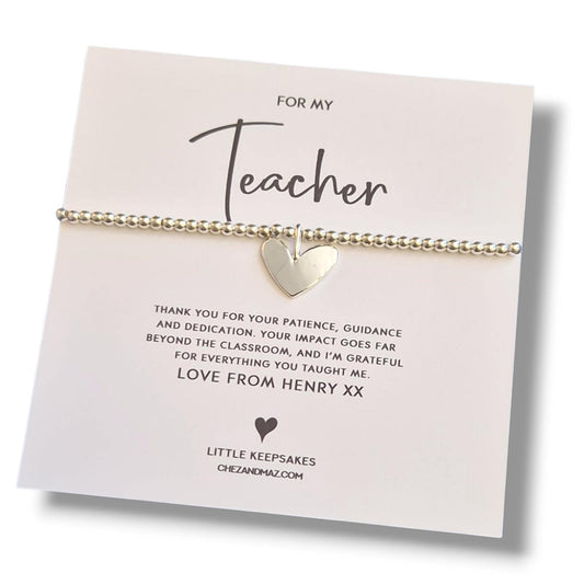 Personalized Teacher Thank You Bracelet: Silver Beaded Charm, Gift for Educators