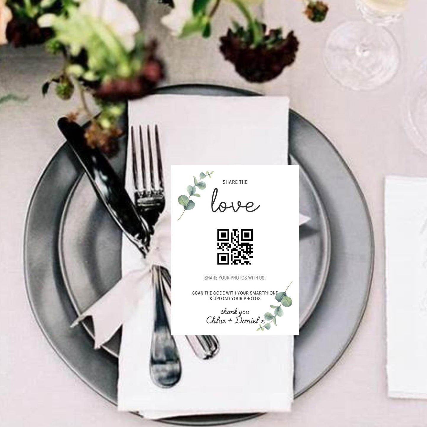 Wedding QR Code Photo Sharing Cards: Personalised Guest Keepsake (A7 Size 7x10 cm) - Share the Love Eucalyptus Design