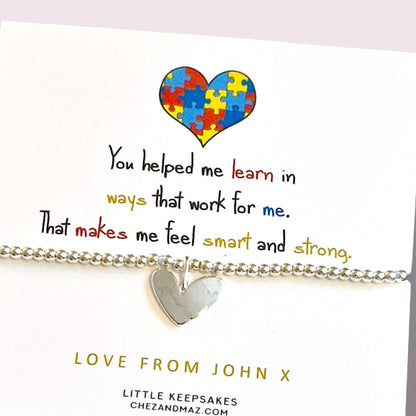 Autism Teacher Appreciation Bracelet: Silver Plated Thank You Gift