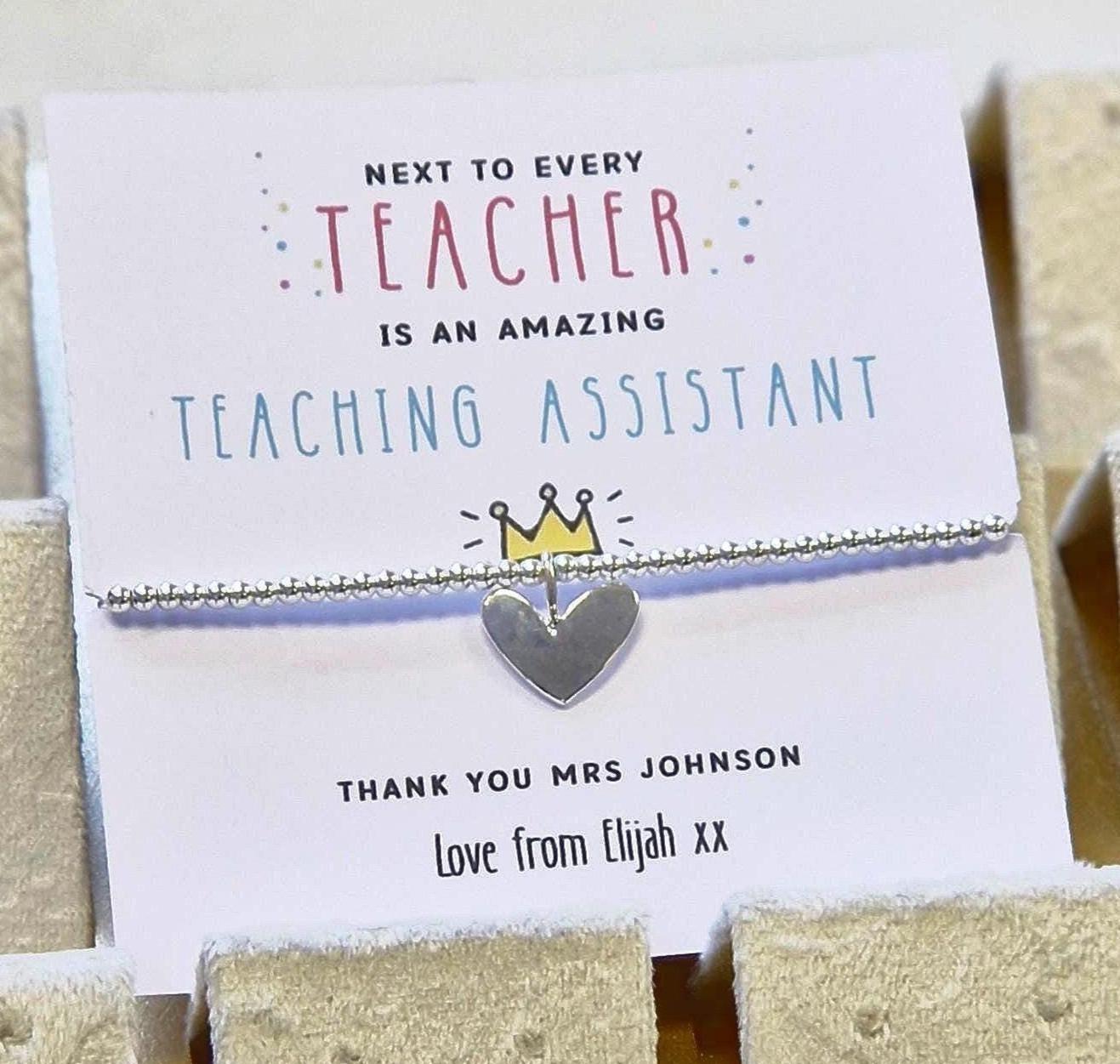 Personalized Teaching Assistant Gift: Silver Bracelet & Thank You Card