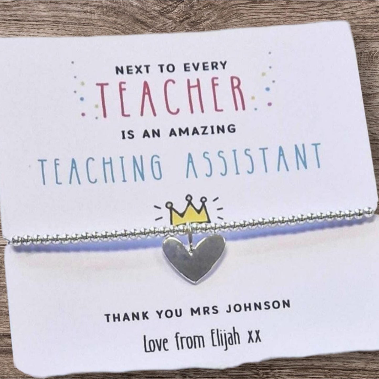 Personalized Teaching Assistant Gift: Silver Bracelet & Thank You Card
