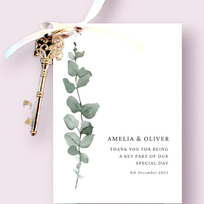 Personalised  Wedding Favor Key Bottle Opener Tag: Eucalyptus Thank You - key, tag and ribbon
