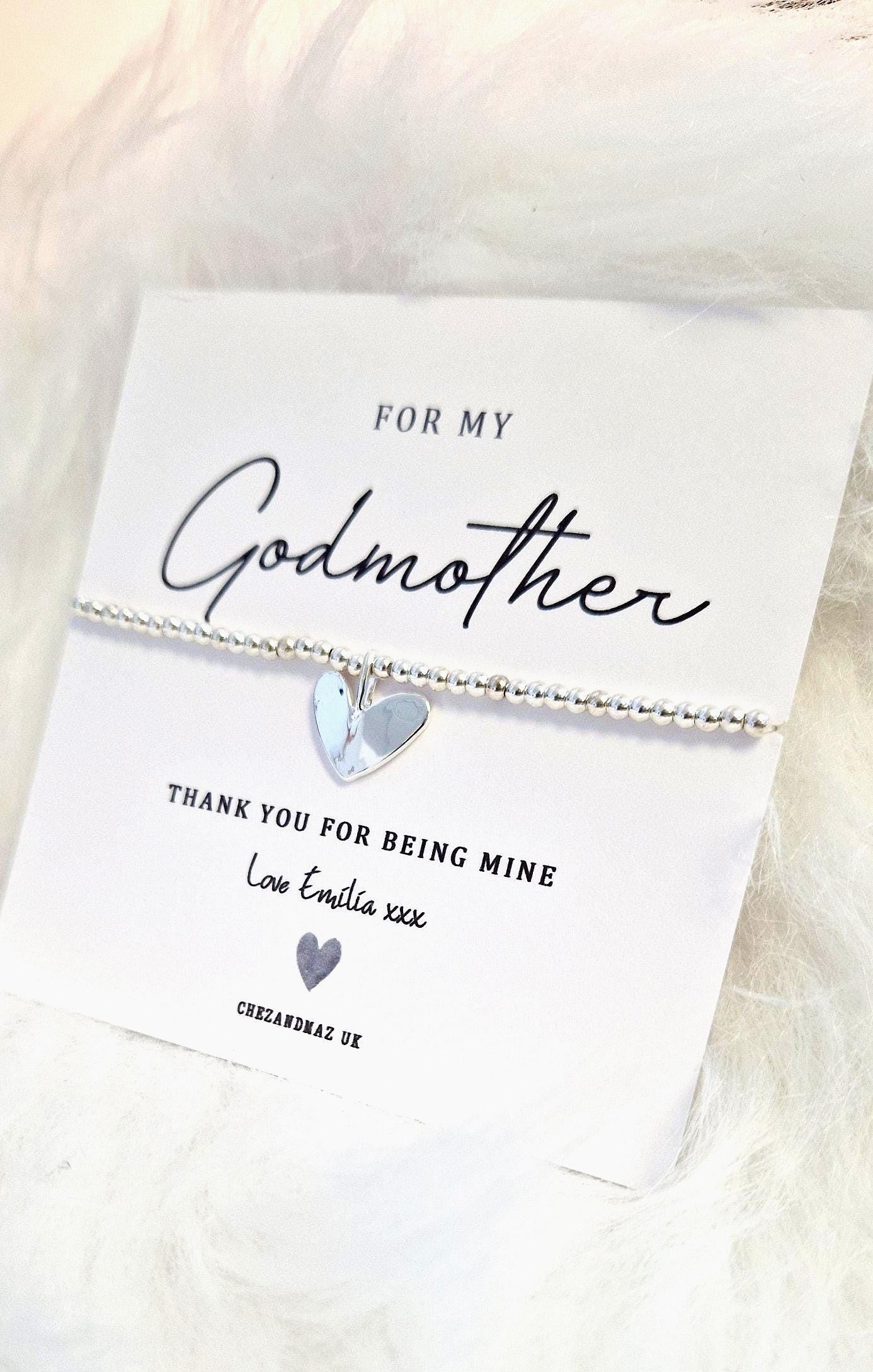 Godmother, Fairy Godmother, Guideparent, Silver Plated Charm Bracelet: Heart Charm, for my GodParent, Personalised card