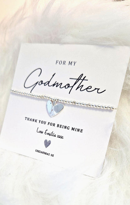 Godmother, Fairy Godmother, Guideparent, Silver Plated Charm Bracelet: Heart Charm, for my GodParent, Personalised card
