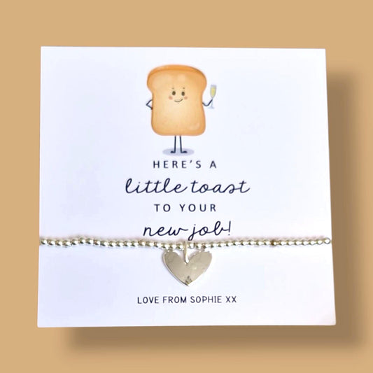 Funny New Job Gift - "Here's a Little Toast to Your New Job" - Personalised Silver Bracelet, Congratulations Present for Her