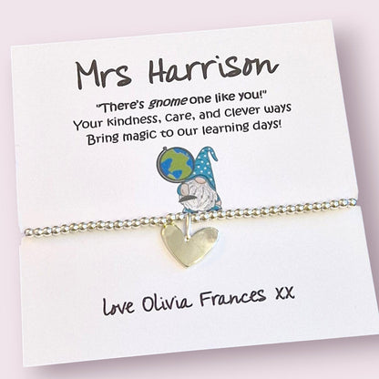 Teacher Thank You Charm Bracelet: Gnome Gift, Silver Plated
