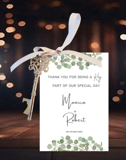 Personalized Wedding Favor Key Bottle Opener Tag: Eucalyptus Thank You