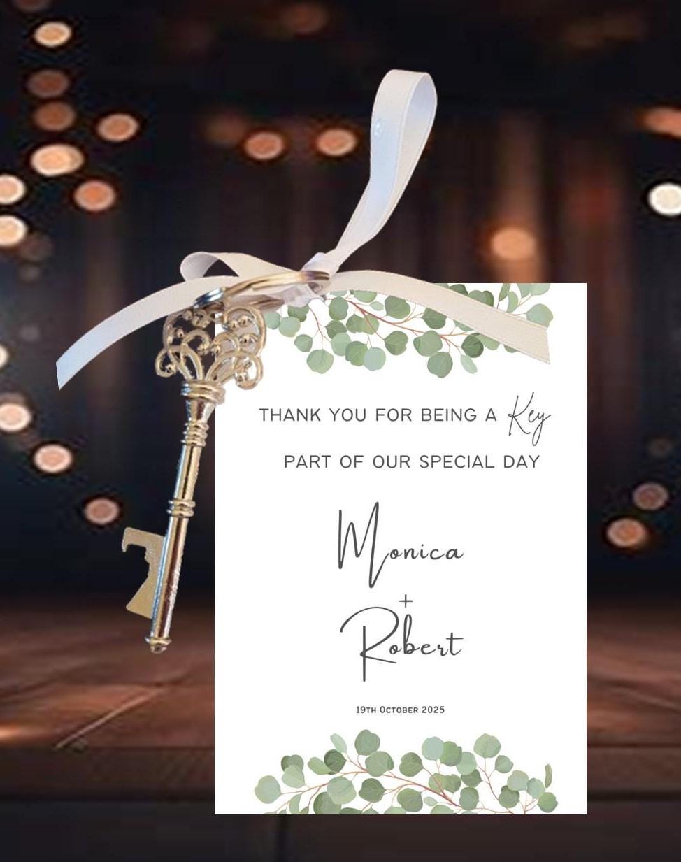 Personalized Wedding Favor Key Bottle Opener Tag: Eucalyptus Thank You