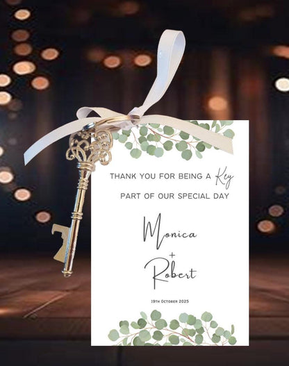 Personalized Wedding Favor Key Bottle Opener Tag: Eucalyptus Thank You