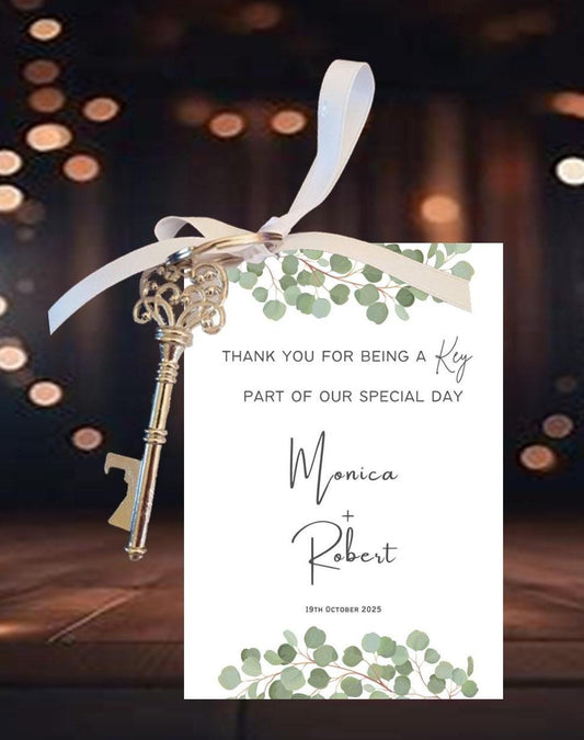 Personalized Wedding Favor Key Bottle Opener Tag: Eucalyptus Thank You