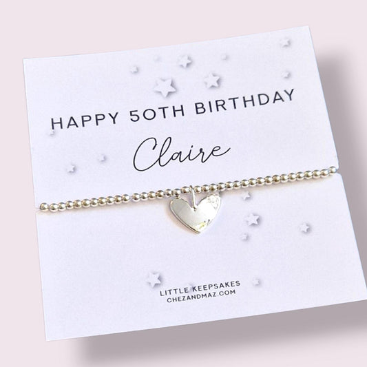 50th Birthday, fifty, fiftieth Bracelet: Silver Plated Heart Charm, Milestone Jewellery.