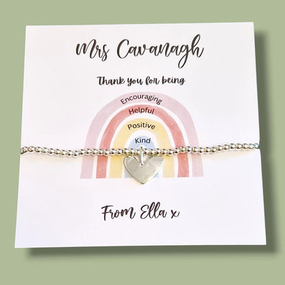 Teacher Thank You Bracelet: Silver Beaded Charm, Encouraging Gift, Rainbow Personalised