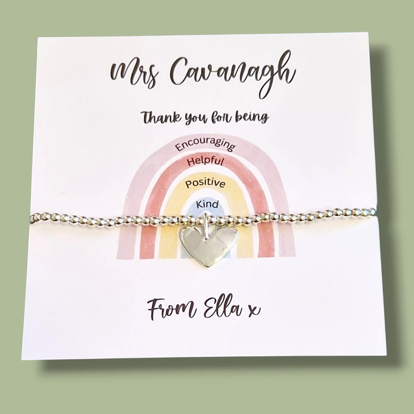 Teacher Thank You Bracelet: Silver Beaded Charm, Encouraging Gift, Rainbow Personalised