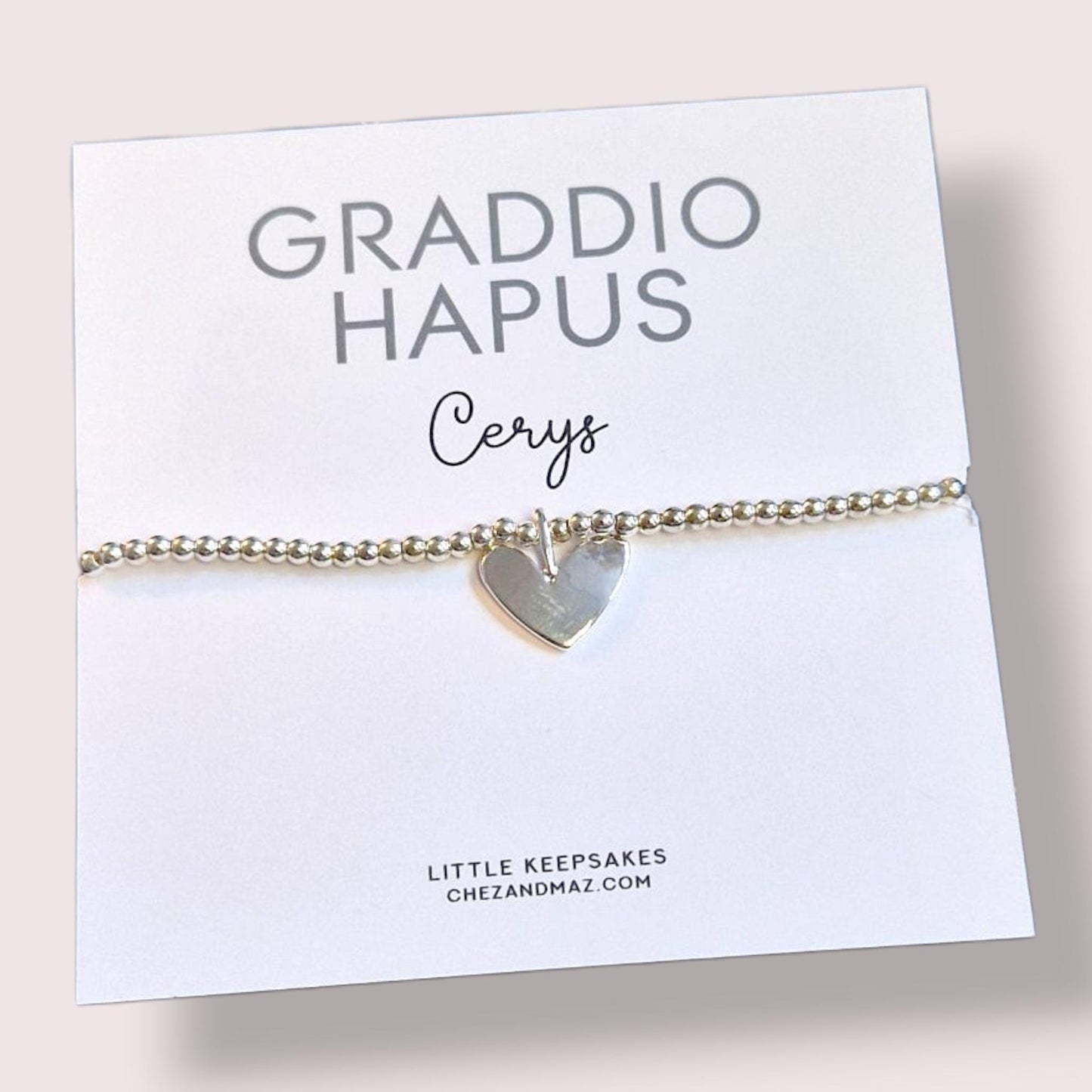 Personalized Graduation Bracelet: Silver Heart Charm, "Graddio Hapus" Welsh Card