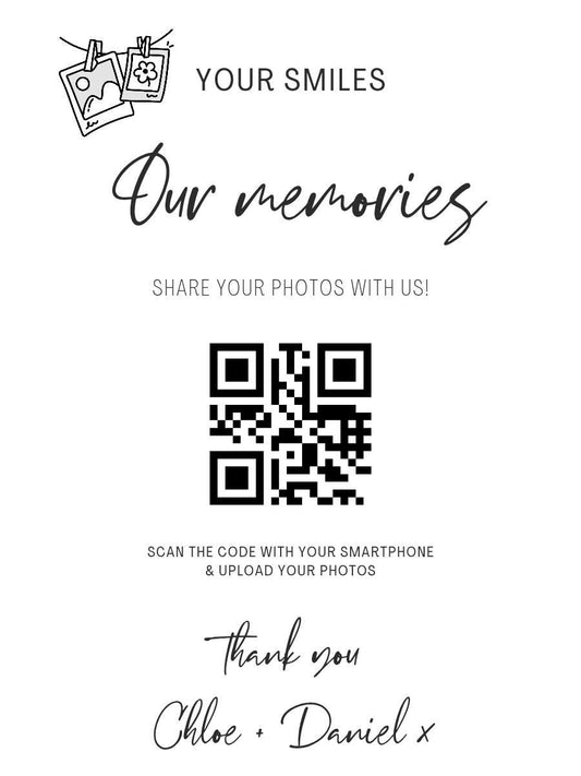 Personalised QR Code Photo Sharing Cards: Wedding Memory Keepsake (7x10 cm A7 Size) - your smiles, our memories