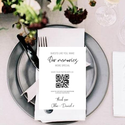 Personalised Wedding Photo Sharing Cards: Custom QR Code, A7 Size. Wedding album photos