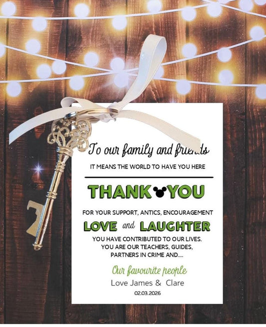 Wedding favours I Key Bottle Opener Disney Inspired- Minnie & Mickey I Gift Tag and Ribbon Personalised bride and groom-Metal Key I D66