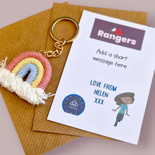 Guide Ranger Keyring – Rainbow Thank You Gift–Ranger Leader Appreciation–Handmade Keychain–Cute Badge Holder – Guides UK – Personalised card
