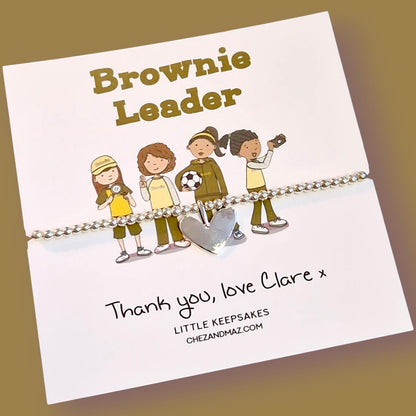 Brownie Leader Appreciation Bracelet: Silver Heart Charm, Girl Scout Gift Brownies