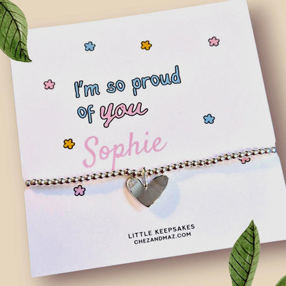Proud of You, passing exams, Charm Bracelet: Silver Plated Heart, Inspirational Gift