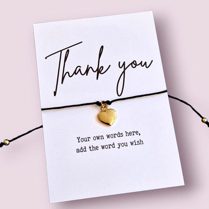 Thank You Wish Bracelet: Adjustable Cord, Heart/Star Charm