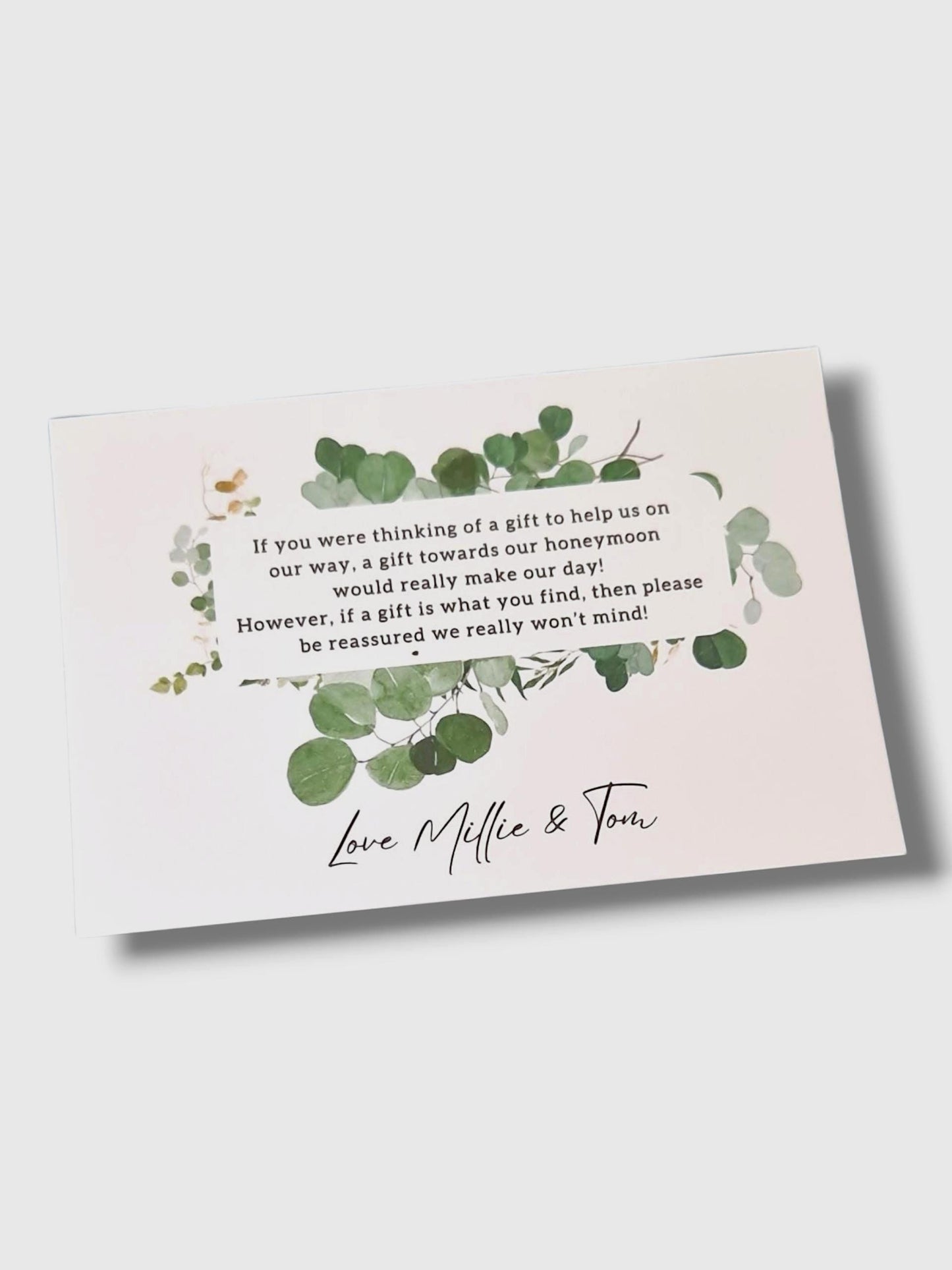 Personalised Wedding Honeymoon Fund Card: Eucalyptus Poem A7 wedding invitation insert