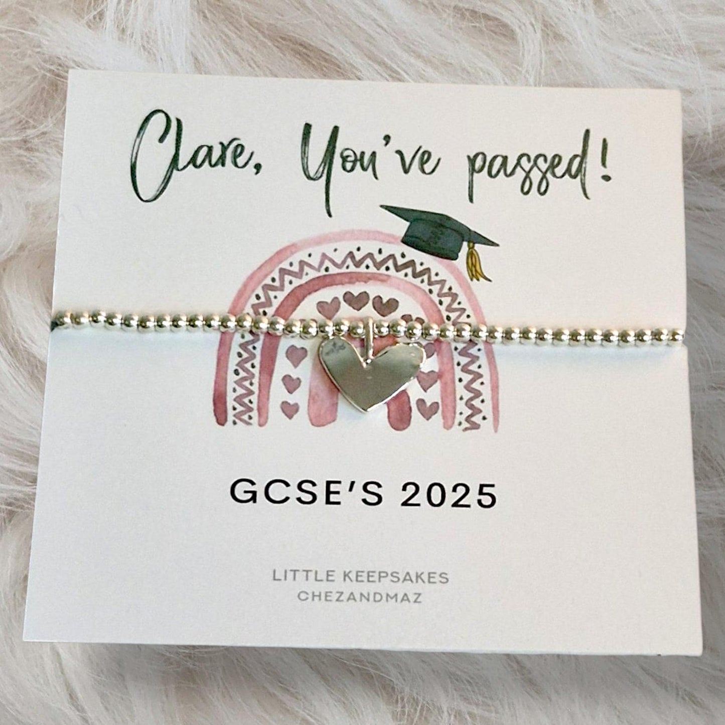 Personalized GCSE Exam Bracelet: Silver Plated Heart Charm Congratulations Gift