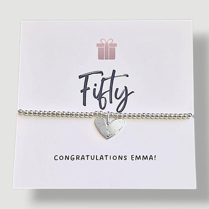 50th Birthday Bracelet: Silver Plated Heart Charm - Fifty - Fiftieth Birthday, Personalised