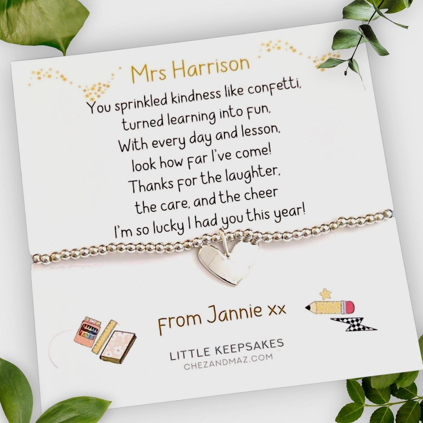 Personalised Teacher Thank You Bracelet: Silver Plated Charm Bracelet -Birthday, End of term