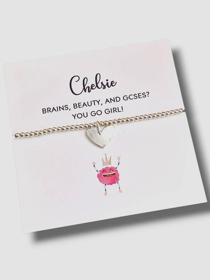 GCSE Personalised Silver-Plated Heart Charm Bracelet – GCSE Graduation Gift, Students | Exam Results  | Student,Success Keepsake I Funny