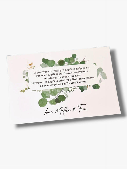 Personalised Wedding Honeymoon Fund Card: Eucalyptus Poem A7 wedding invitation insert