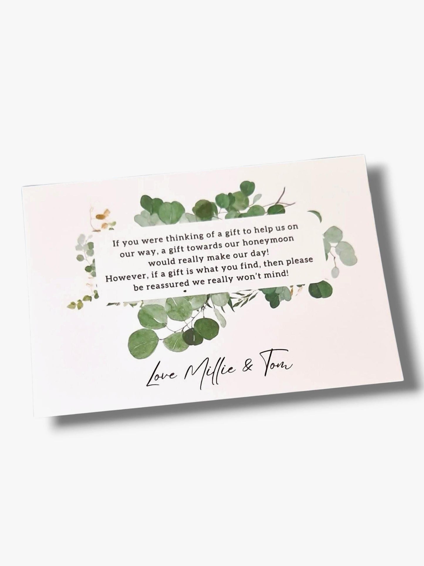 Personalised Wedding Honeymoon Fund Card: Eucalyptus Poem A7 wedding invitation insert
