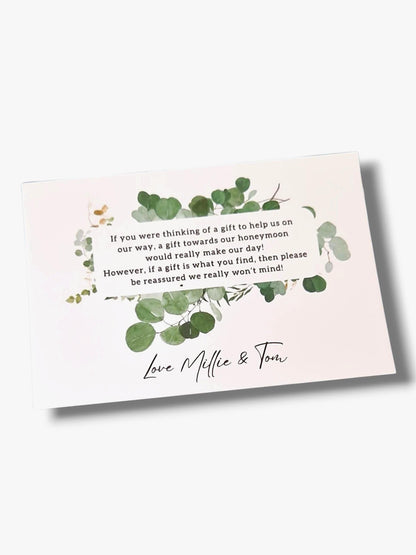 Personalised Wedding Honeymoon Fund Card: Eucalyptus Poem A7 wedding invitation insert