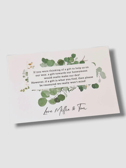 Personalised Wedding Honeymoon Fund Card: Eucalyptus Poem A7 wedding invitation insert