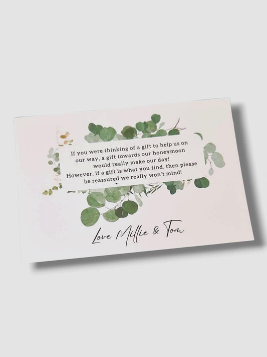 Personalised Wedding Honeymoon Fund Card: Eucalyptus Poem A7 wedding invitation insert