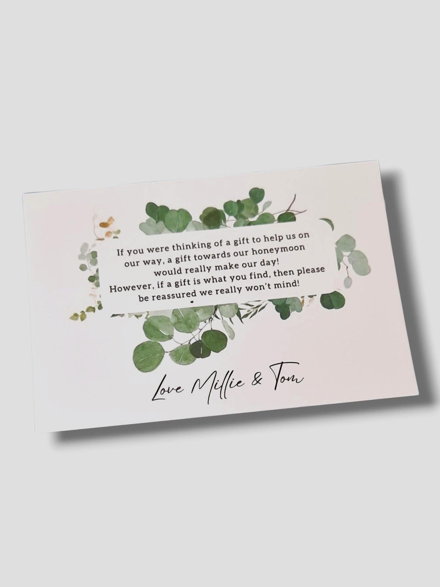Personalised Wedding Honeymoon Fund Card: Eucalyptus Poem A7 wedding invitation insert