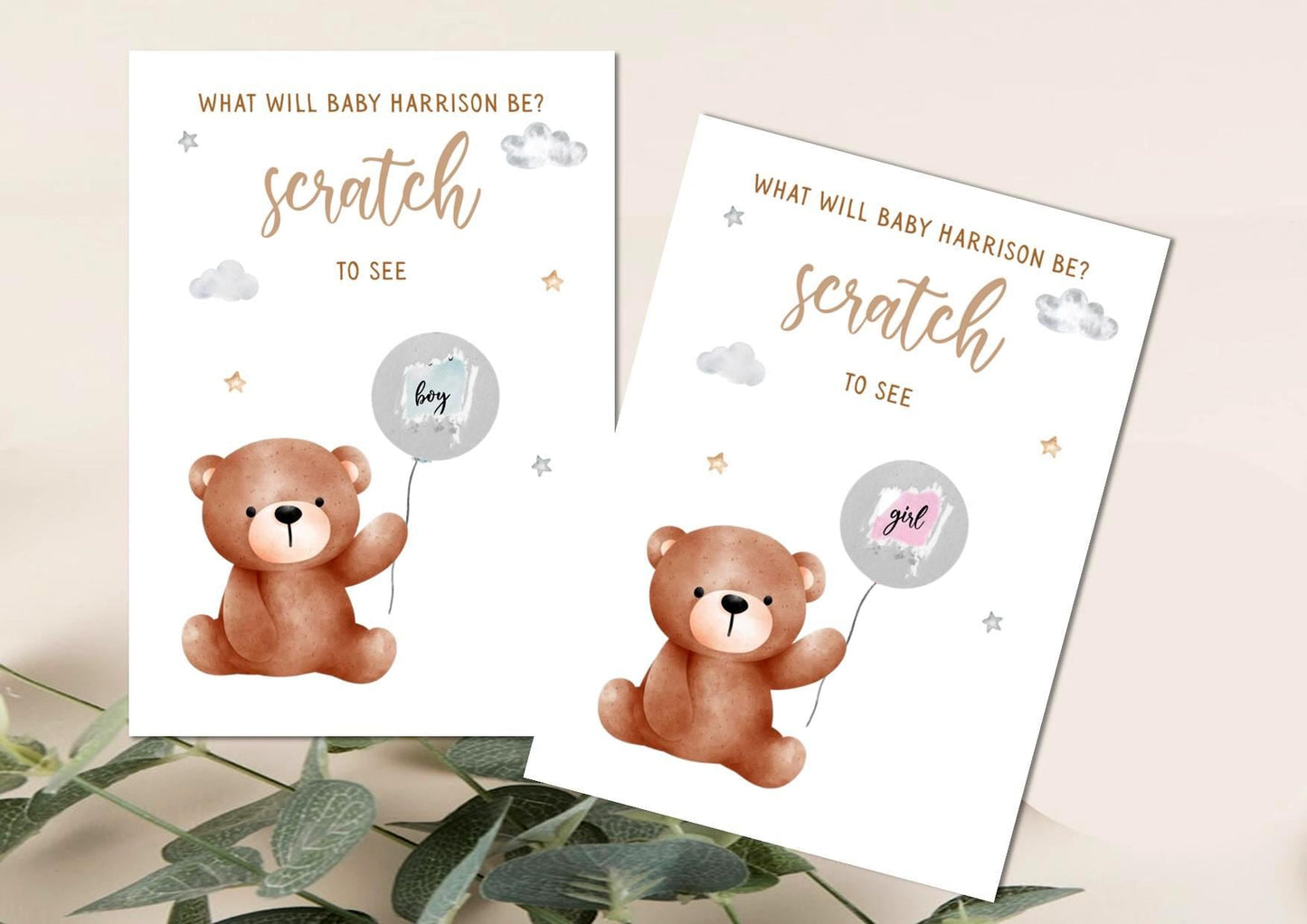 Gender Reveal Scratch Card: Teddy Bear Theme Baby Shower Game, Personalised