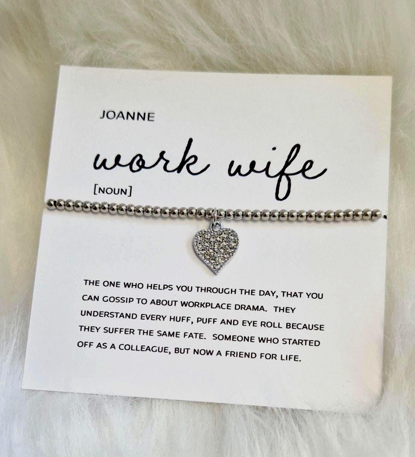 Personalised Work Wife Bracelet: Silver Plated Rhinestone Heart Charm