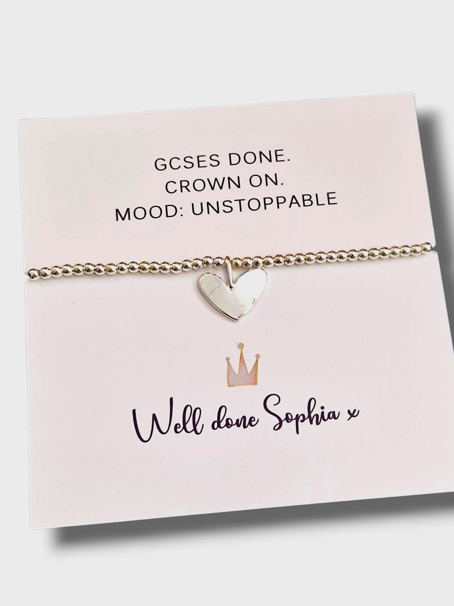 GCSE Personalised Silver-Plated Heart Charm Bracelet – GCSE Graduation Gift, Students | Exam Results  Student,Success Keepsake I Funny Crown