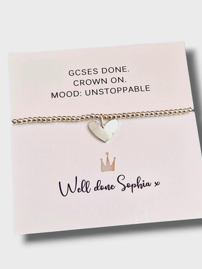 GCSE Personalised Silver-Plated Heart Charm Bracelet – GCSE Graduation Gift, Students | Exam Results  Student,Success Keepsake I Funny Crown