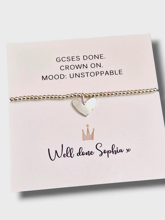GCSE Personalised Silver-Plated Heart Charm Bracelet – GCSE Graduation Gift, Students | Exam Results  Student,Success Keepsake I Funny Crown
