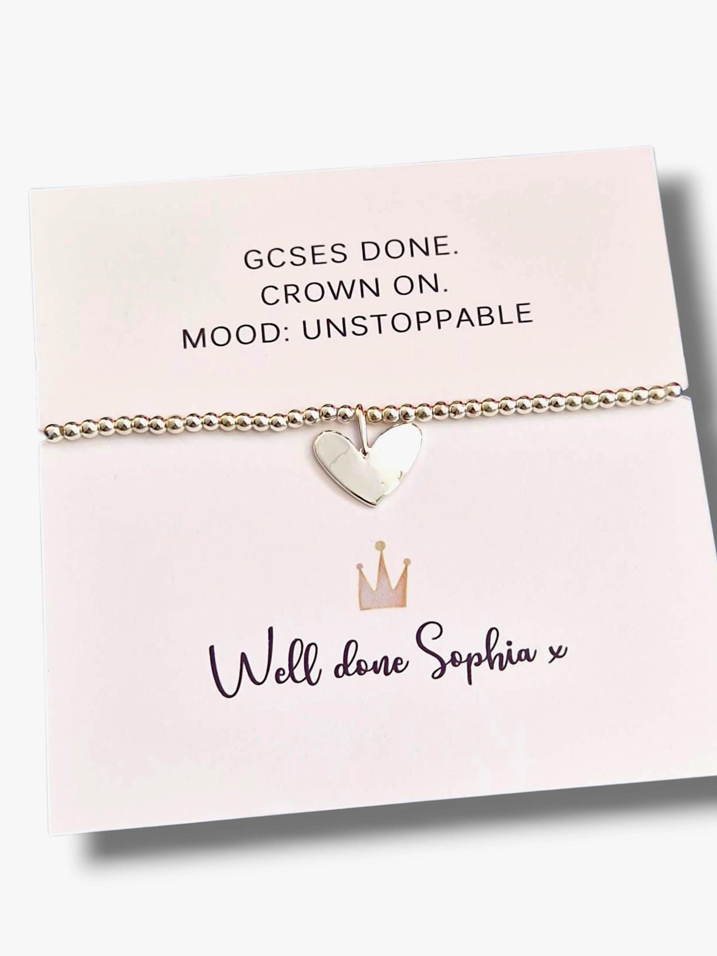 GCSE Personalised Silver-Plated Heart Charm Bracelet – GCSE Graduation Gift, Students | Exam Results  Student,Success Keepsake I Funny Crown