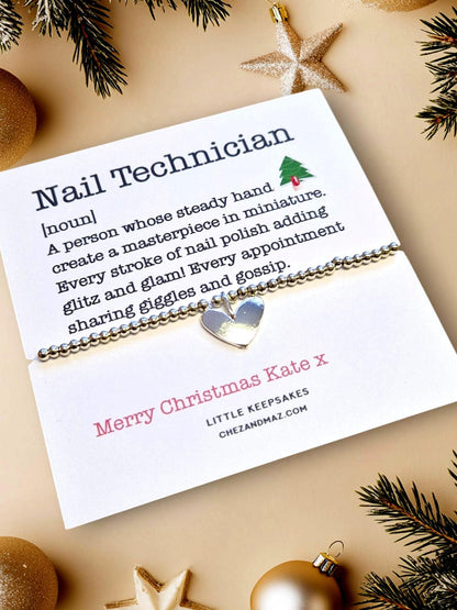 Nail Technician Christmas Heart Charm Bracelet: Silver Plated Gift - Personalised