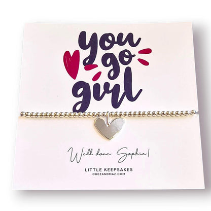 Silver Plated Heart Charm Bracelet: You Go Girl Motivational Jewelry