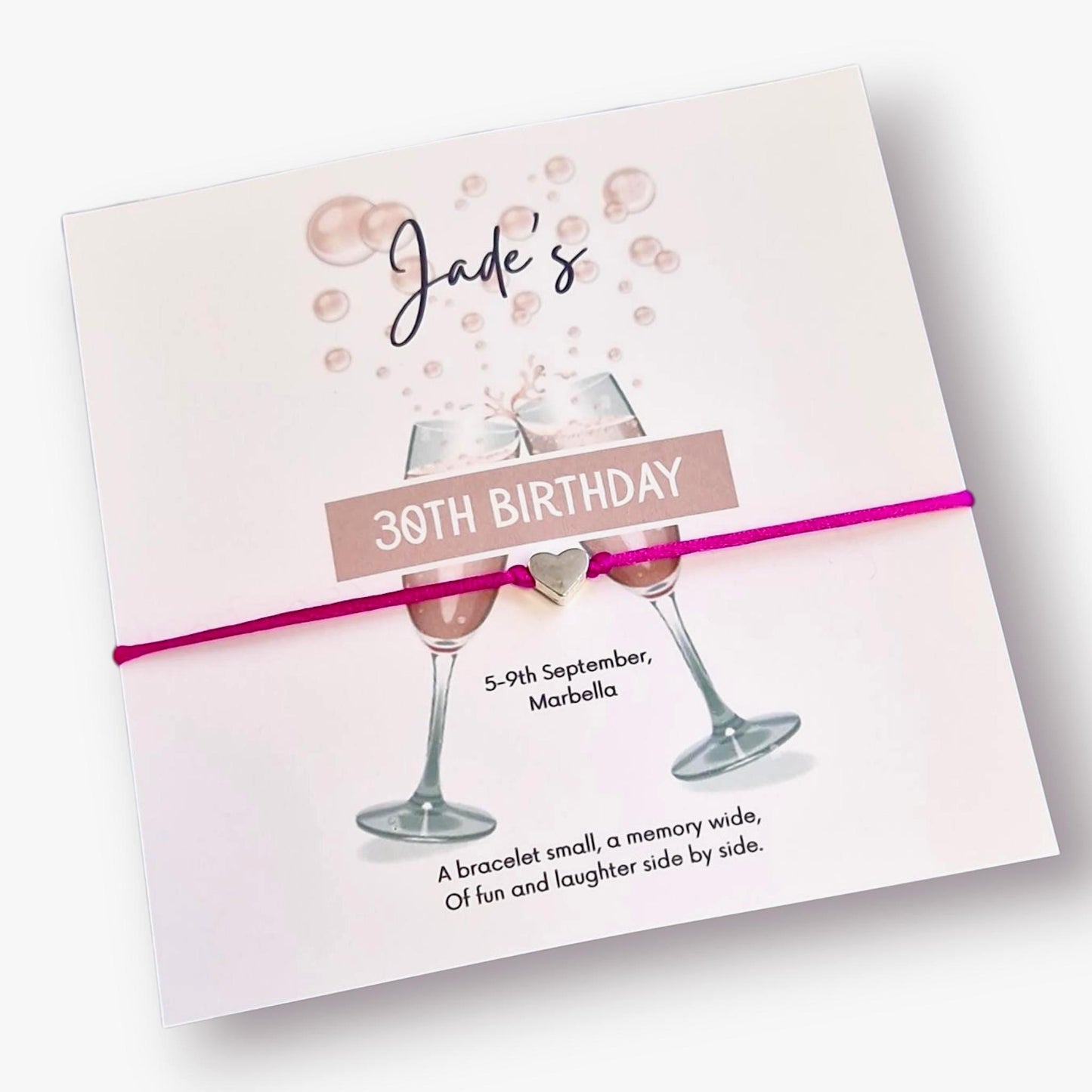 Personalized Birthday Wish Bracelet: Pink Fizz Charm, Adjustable String
