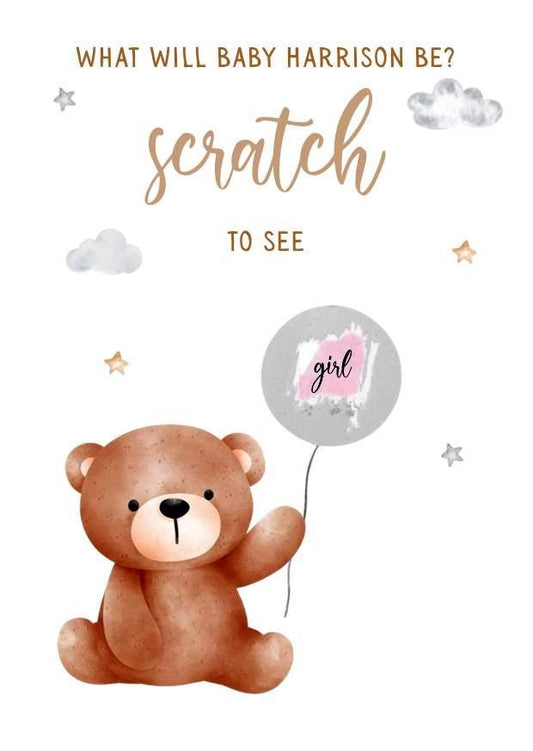 Gender Reveal Scratch Card: Teddy Bear Theme Baby Shower Game, Personalised