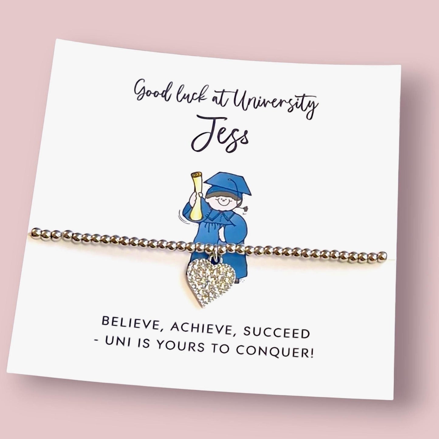 Good Luck University Bracelet: Rhinestone Heart Charm, Silver Plated Beads
